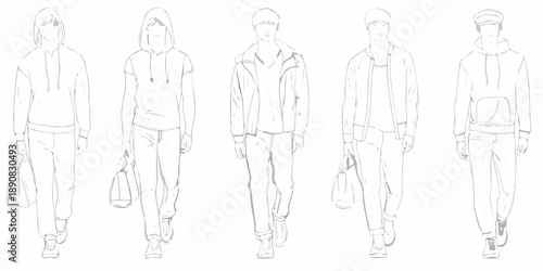 Fashion sketches of five figures walking showcasing hooded and casual streetwear styles