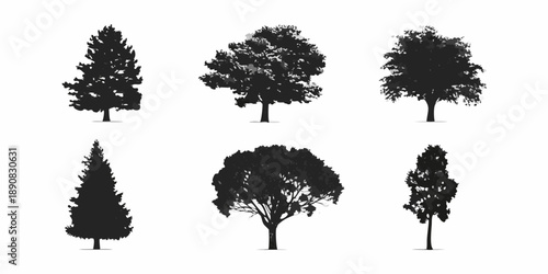 A collection of six silhouetted trees in varying shapes and sizes