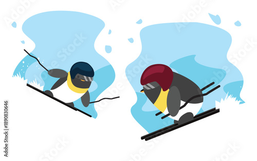 Alpine Skiing Penguin Side Cartoon Character Winter Sport Set