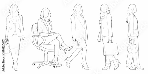 Line art illustration of five women in business attire various poses
