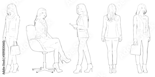 Fashion design sketches of women in business attire showing various poses