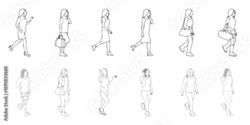 A collection of sketched female figures in various walking poses and outfits