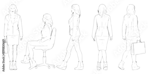 Fashion design sketch of a woman in a suit presented in multiple poses