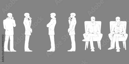 Line art depiction of men in suits in various poses and seating arrangements