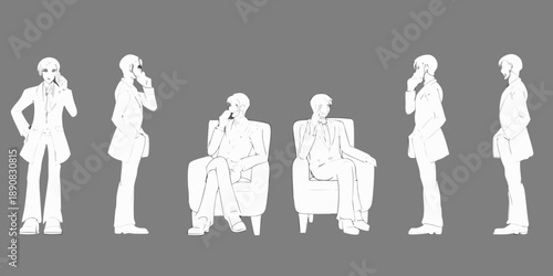 A series of white line drawings depicting men in suits and formal wear