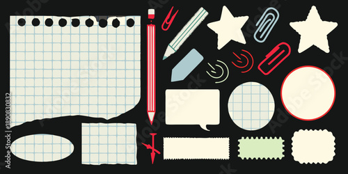 Stationery elements including pencil paper pushpin and various office supplies