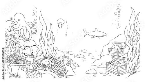 Detailed Outline Underwater Scene with Marine Life, Coral Reef, and Treasure Chests