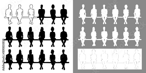 A series of silhouettes depicting people seated on a bench contrasting tones