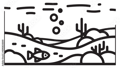 Minimalist Line Art Vector of Underwater Scene with Fish and Coral