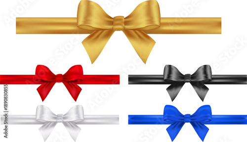 Realistic bows with ribbons in gold, red, black, white, blue with shadows and highlights with long strip ribbons for invitations, gifts, greeting cards, wedding, party template