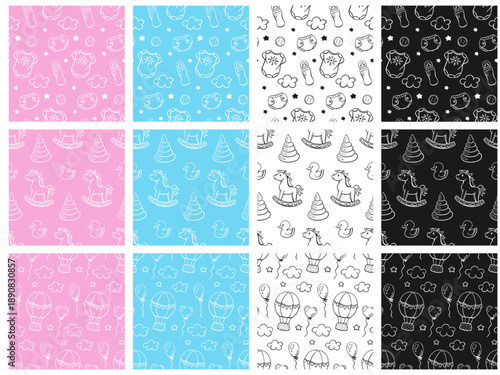 set of baby seamless patterns , repeatable seamless designs in pink, blue, white and black colors