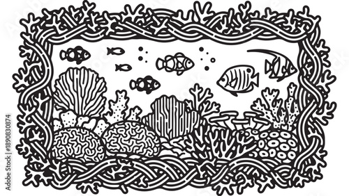 Monochrome Line Art Illustration of an Underwater Coral Reef Environment