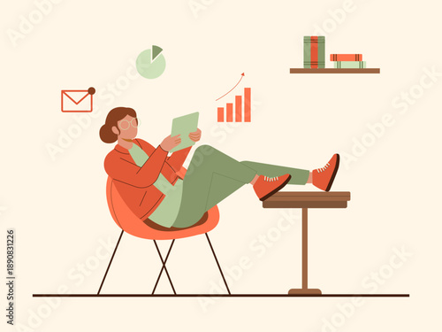 Female workers who work comfortably and relaxedly from home or work remotely. Solopreneur illustration. Flat vector concept.