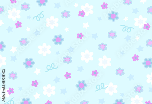 Various flower pattern on pastel blue background for spring, summer wallpaper, fabric print, floral pattern, textile, nature, garden, backdrop, garment, picnic blanket, duvet, phone case, book cover