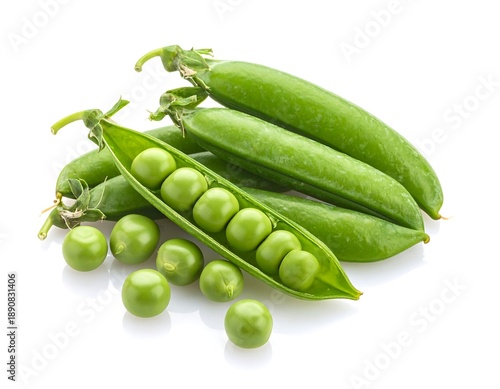 Fresh green peas with pods on white background