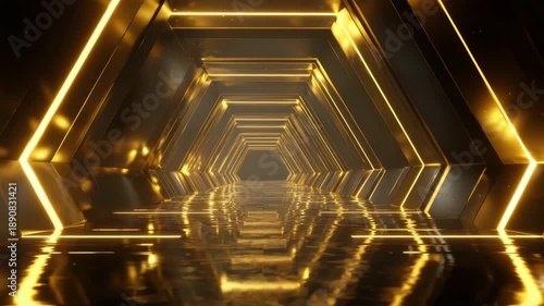 Golden hexagon tunnel corridor with reflective floor and wet reflective floor, futuristic symmetry, geometric luxury, gold glowing light and glowing linear lights creating dramatic warm atmosphere
