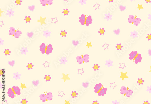 Various flower pattern, hearts, butterfly on pastel yellow background for spring and summer wallpaper, fabric, print, floral pattern, textile, nature, garden, backdrop, garment, picnic blanket, duvet