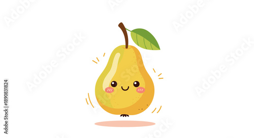 Cheerful yellow pear character with a cute smiling face and rosy cheeks floats happily on a plain white background.