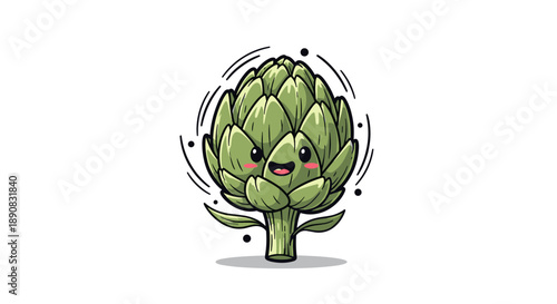 Adorable green artichoke character with a smiling face and blushing cheeks floats against a white background with dynamic lines.