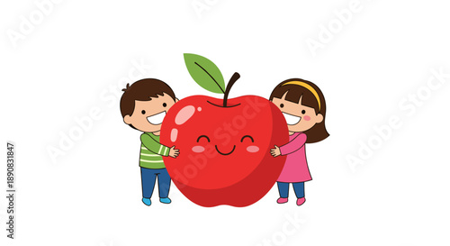Small boy and girl smile happily while hugging a giant red apple with a friendly face against a plain white background.