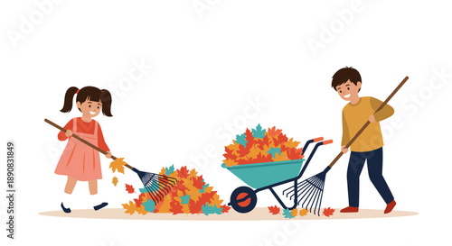 Boy and girl work together in autumn raking colorful fallen leaves into a blue wheelbarrow in a flat illustration style.