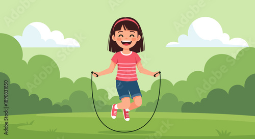 Cheerful young girl with short dark hair skips rope energetically in a beautiful green park under a cloudy sky.