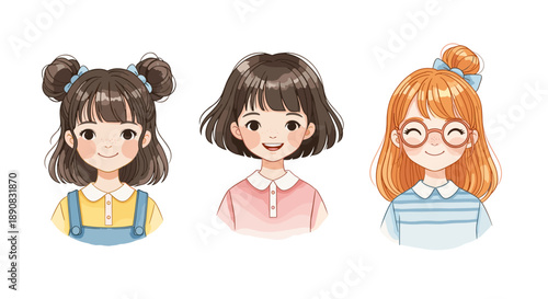 Collection of three cute girls with different hair colors and styles including pigtails and glasses in a soft watercolor style.