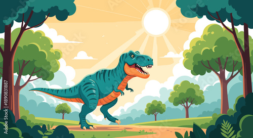 Powerful teal and orange Tyrannosaurus Rex walks through a prehistoric forest under a bright sun in a scenic landscape.