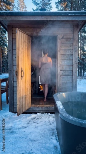 Woman in Towel doing alternating Hot and cold treatment in wellness spa. Sauna and cold plunge ice bath. . Wooden Sauna with Snowy Outdoor Setting and Black Hot Tub. Video made using Generative AI.