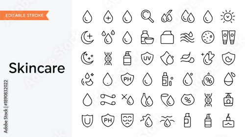 A comprehensive collection of 50 editable stroke thin line icons representing skincare, beauty, cosmetics, dermatology, and health routines for modern graphic design