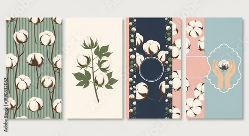 Cotton Plant Illustrations on Vertical Backgrounds with Repeating Patterns and Decorative Elements