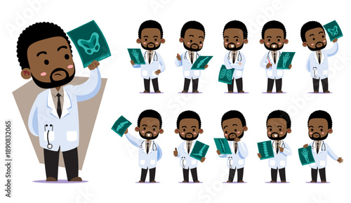 Cute chibi African American male orthopedist doctor character set focusing on radiology. Flat vector illustration featuring various X-ray film poses. Ideal for medical and educational content.