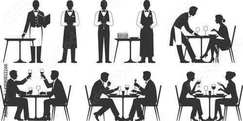 Restaurant waiter and dining couple silhouette collection showing service staff, romantic dinner, menu reading and elegant cafe scene vector set