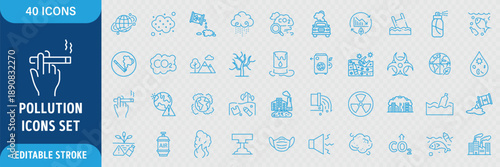 Pollution Editable Icons Set. Contains air pollution, water pollution, microplastics, trash, gas, toxic elements, industrial waste, climate change symbols, and ecological and more. editable eps