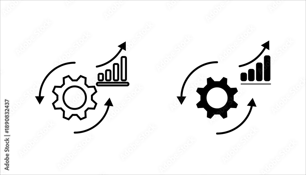 Obraz premium Line icon illustrating business process optimization, automation, and performance growth with a gear, arrows, and upward chart. Suitable for analytics, workflow, strategy, and digital transformation c