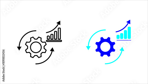 Line icon illustrating business process optimization, automation, and performance growth with a gear, arrows, and upward chart. Suitable for analytics, workflow, strategy, and digital transformation c