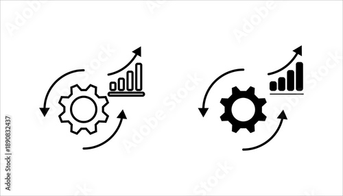 Line icon illustrating business process optimization, automation, and performance growth with a gear, arrows, and upward chart. Suitable for analytics, workflow, strategy, and digital transformation c