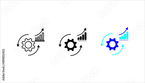 Line icon illustrating business process optimization, automation, and performance growth with a gear, arrows, and upward chart. Suitable for analytics, workflow, strategy, and digital transformation c
