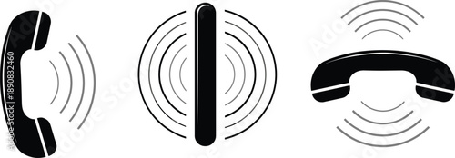 Vector illustration of three telephone handset icons with sound wave signals representing communication and connectivity