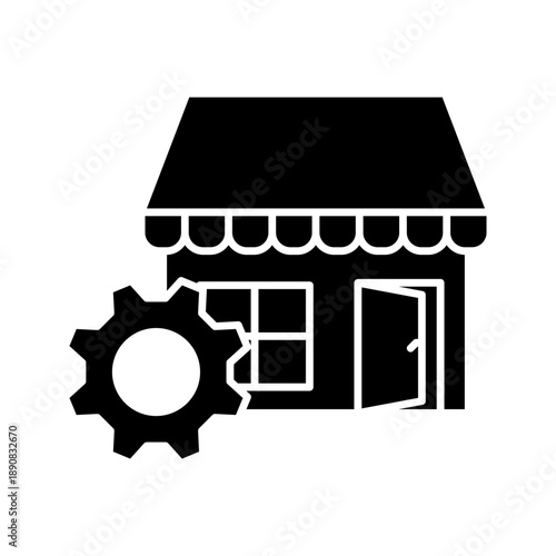 Black icon illustrating a small business shop with gear symbol, representing store management, retail operations, and business settings