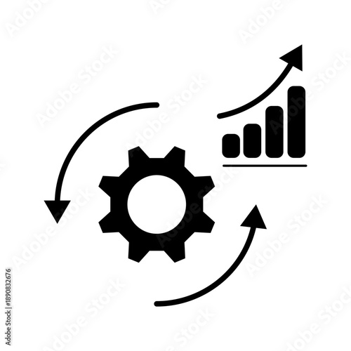 Line icon illustrating business process optimization, automation, and performance growth with a gear, arrows, and upward chart. Suitable for analytics, workflow, strategy, and digital transformation c