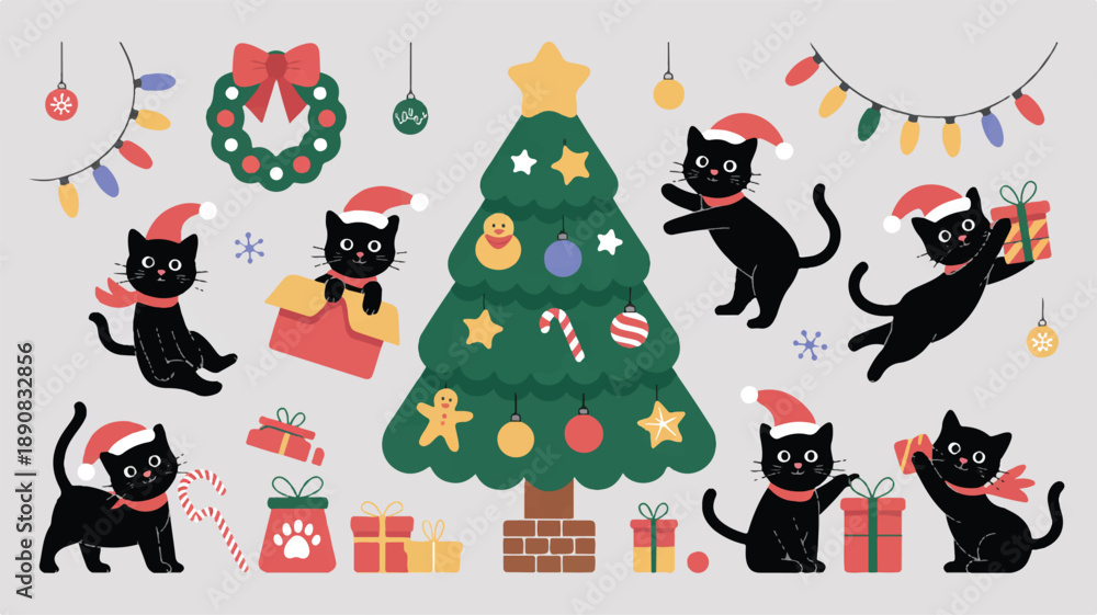 Fototapeta premium Flat cartoon illustration collection featuring adorable black cats celebrating Christmas festivities with a decorated tree, various gifts, and charming holiday decorations