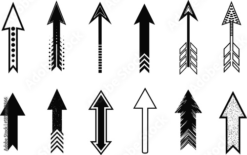 Vector illustration of twelve stylized upward arrows with unique shaft patterns, arrowhead shapes, and decorative elements