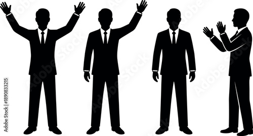 Businessman silhouette set in various poses, corporate leader waving and clapping hands, formal suit male worker vector icons,