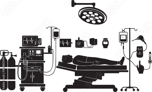 Medical Operating Room Setup with Equipment and Patient Table.