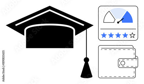 Education and financial literacy. Education by a graduation cap. Financial literacy enhanced with wallet and credit score meter. Education and finance concepts, personal finance, student loans