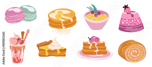 Cakes and desserts set. Piece of pumpkin pie with whipped cream. Sweet autumn dessert. Perfect for printing, poster, menu and restaurant. Vector flat illustration isolated on the white background.