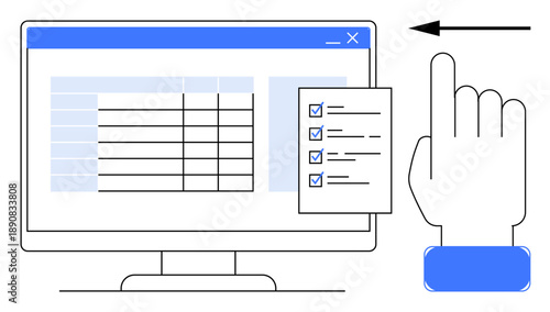Data management concept. A computer screen displays a table and checklist highlighting data organization. Data management ensures efficient workflow and task prioritization. For software, UI design