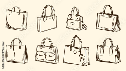 collection of fashionable women bags in doodle style