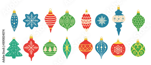 Collection of vintage style Christmas ornaments in various shapes and colors retro
